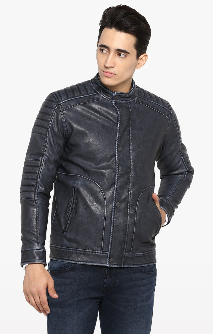 Spykar Men Navy Solid Slim Fit Leather Jacket