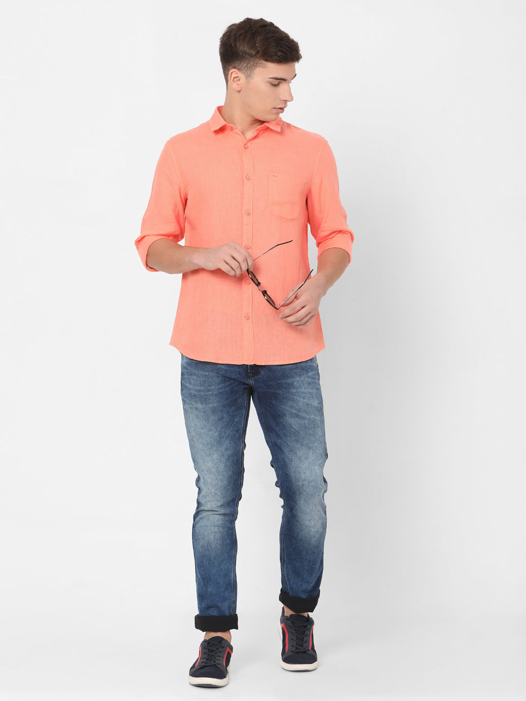 Spykar Slim Fit Men Peach Orange Cotton Casual Shirts