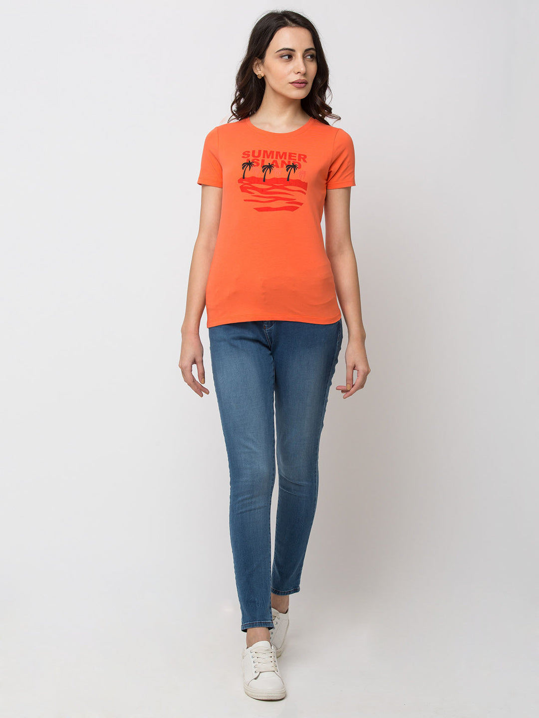 Spykar Women Orange Lycra Regular Round Neck T-Shirt