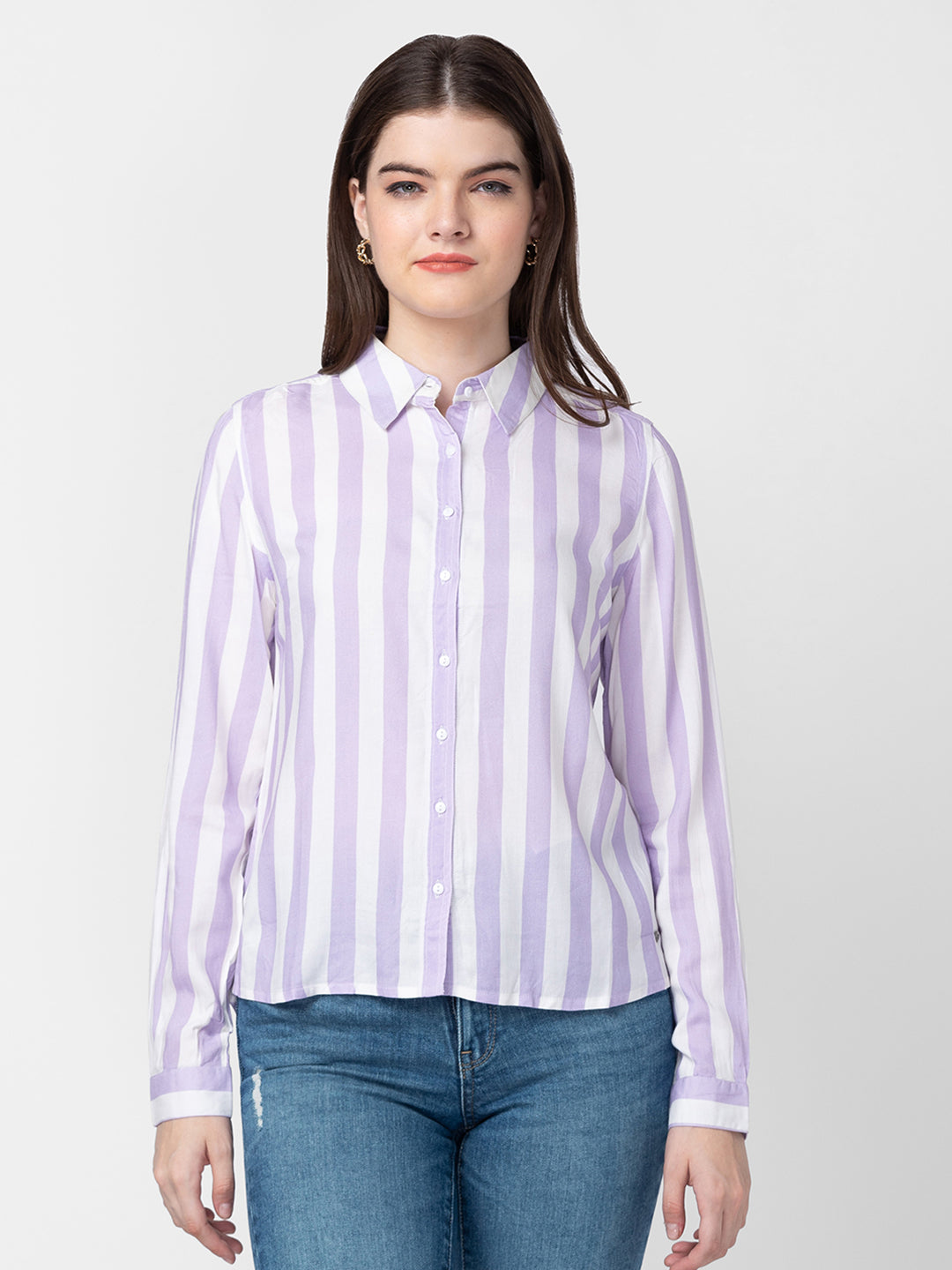 Spykar Women Lilac Cotton Slim Fit Striped Shirts