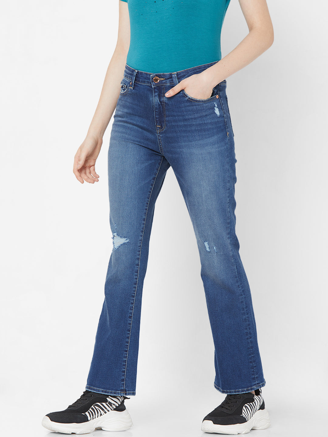 Spykar Women Blue Cotton Flare Fit Ankle Length Jeans (Elissa)
