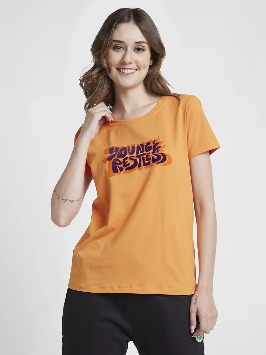 Spykar Women Apricot Crush Blended Regular Fit Half Sleeve Round Neck Printed Tshirt