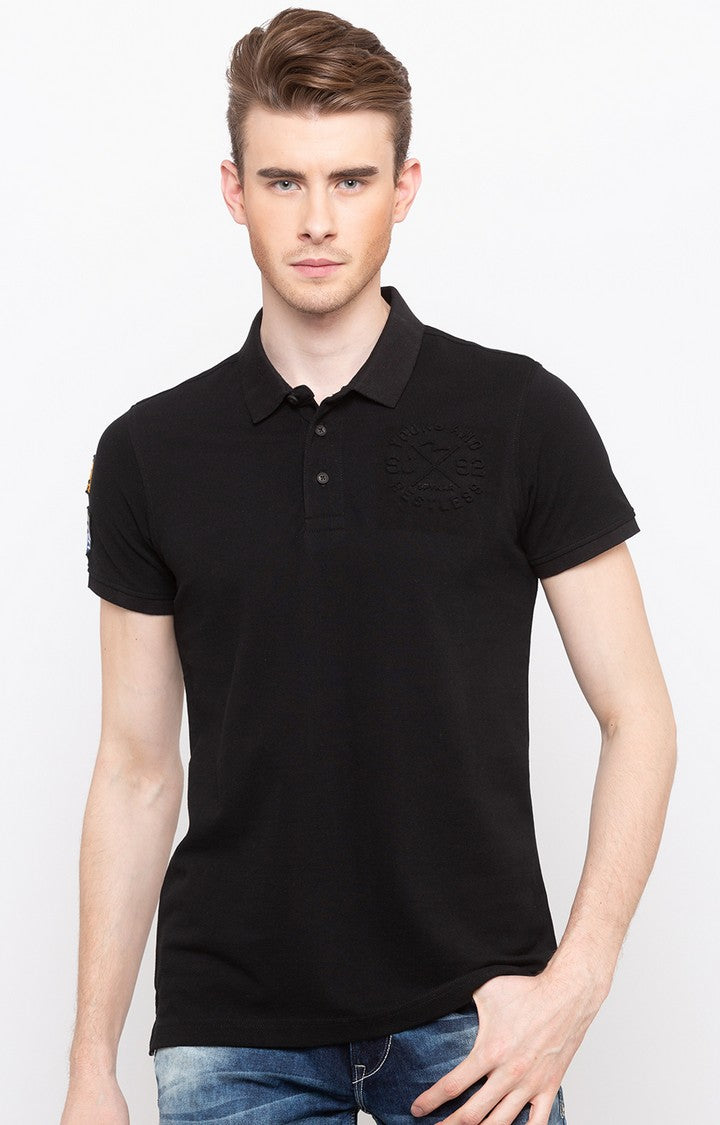 Spykar Black Solid Slim Fit Polo T-Shirt