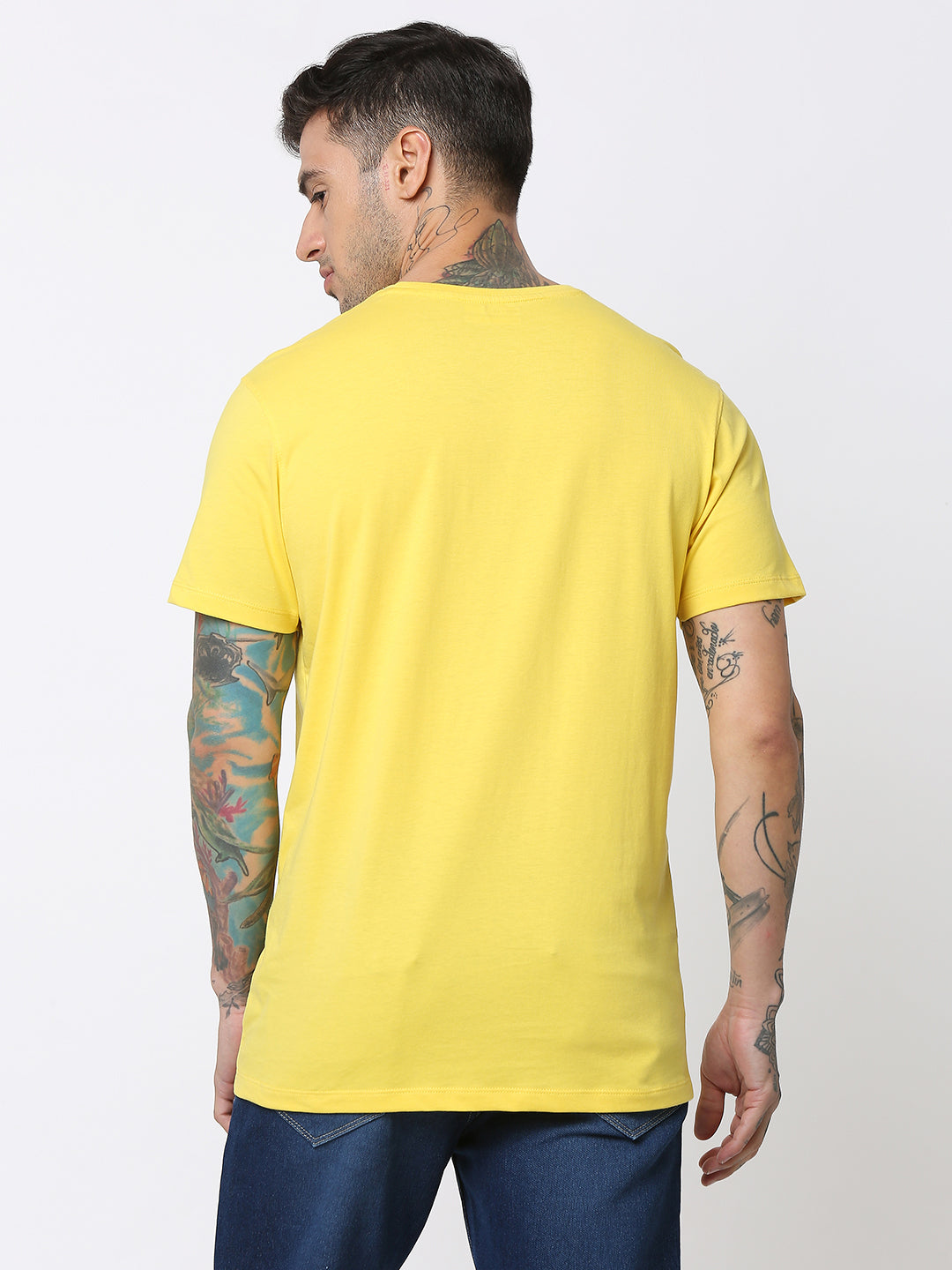 Spykar Men Yellow Cotton Slim Fit Round Neck Printed T-Shirt