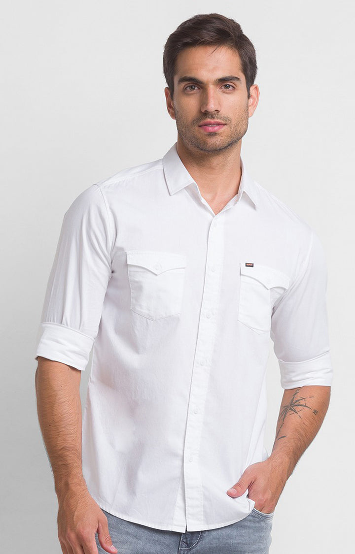 Spykar White Cotton Full Sleeve Plain Shirt For Men