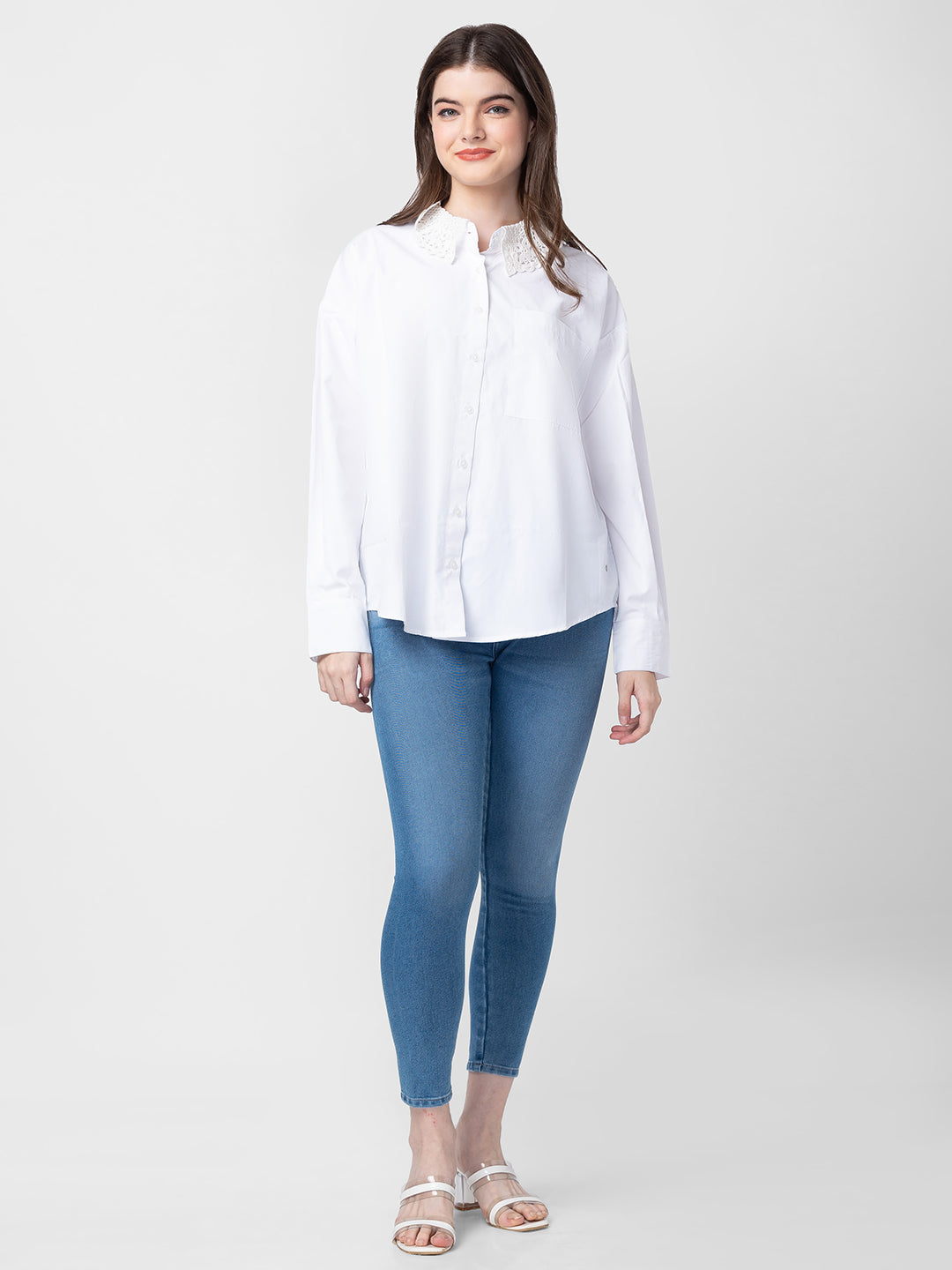 Spykar Women White Cotton Regular Fit Plain Shirts