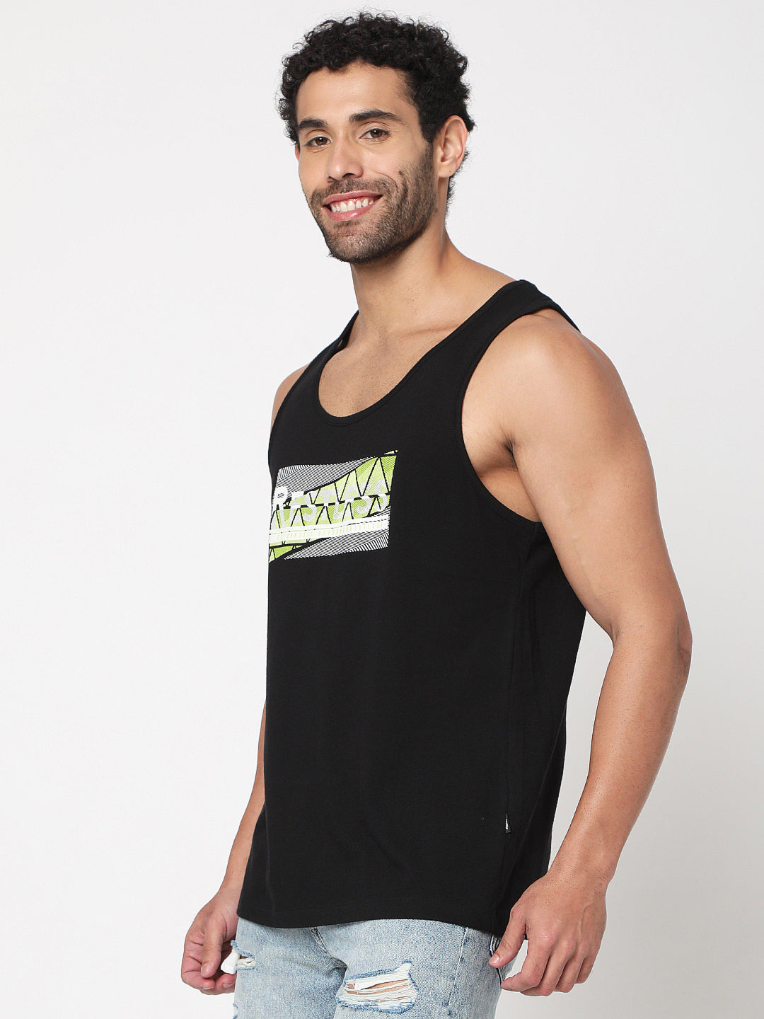 Spykar Men Black Cotton Sleeveless Printed Vest