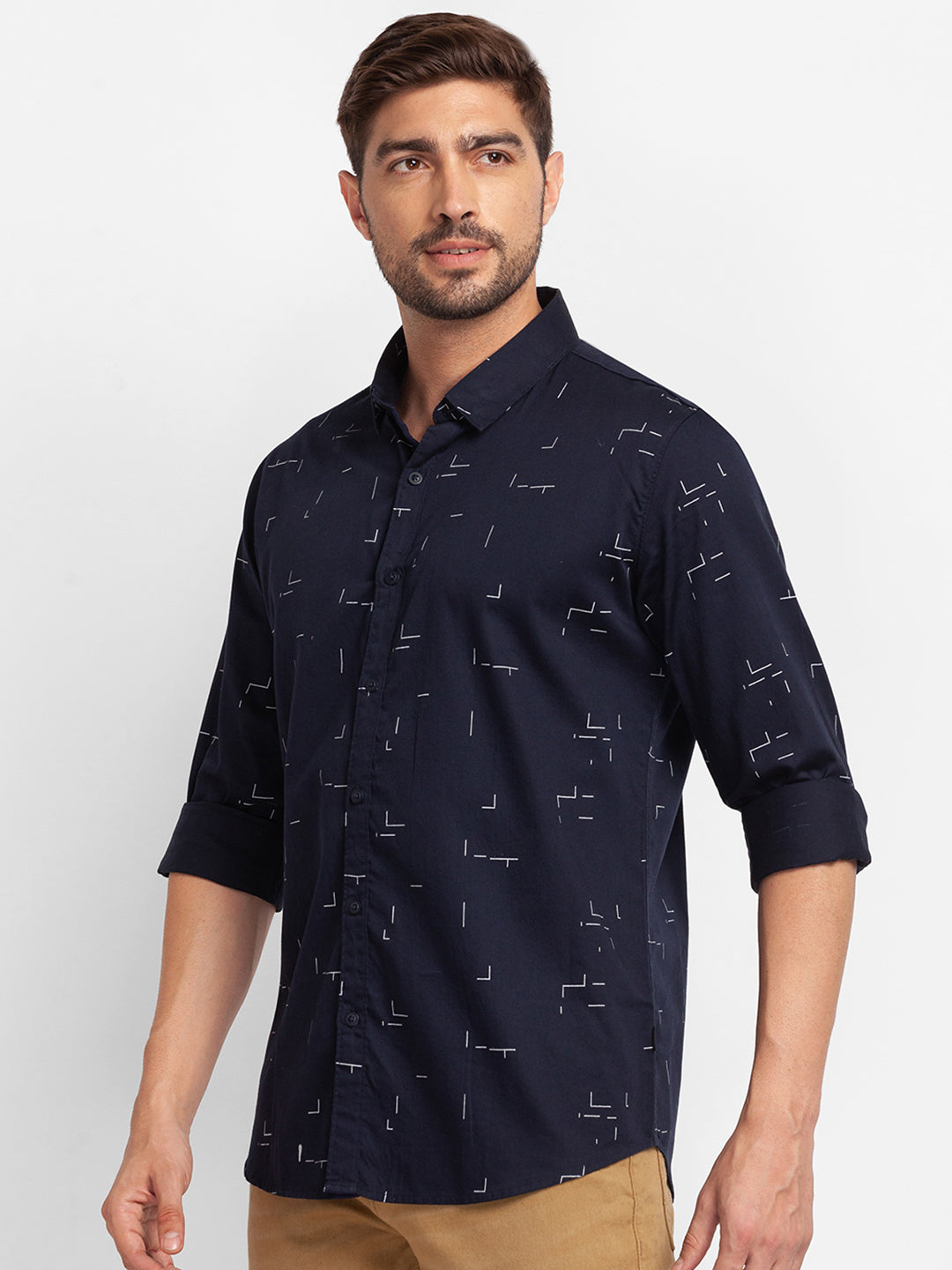 Spykar Navy Blue Satin Full Sleeve Printed Shirt For Men