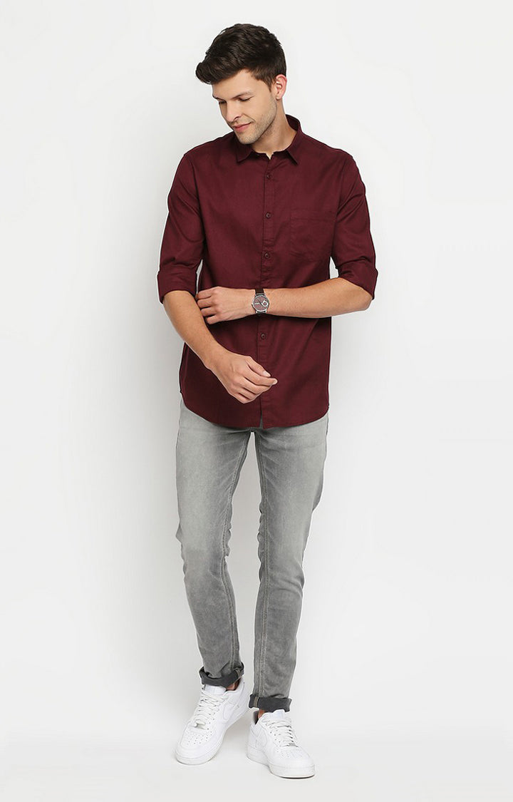 Spykar Men Maroon Slim Fit Full Sleeve Solid Shirt