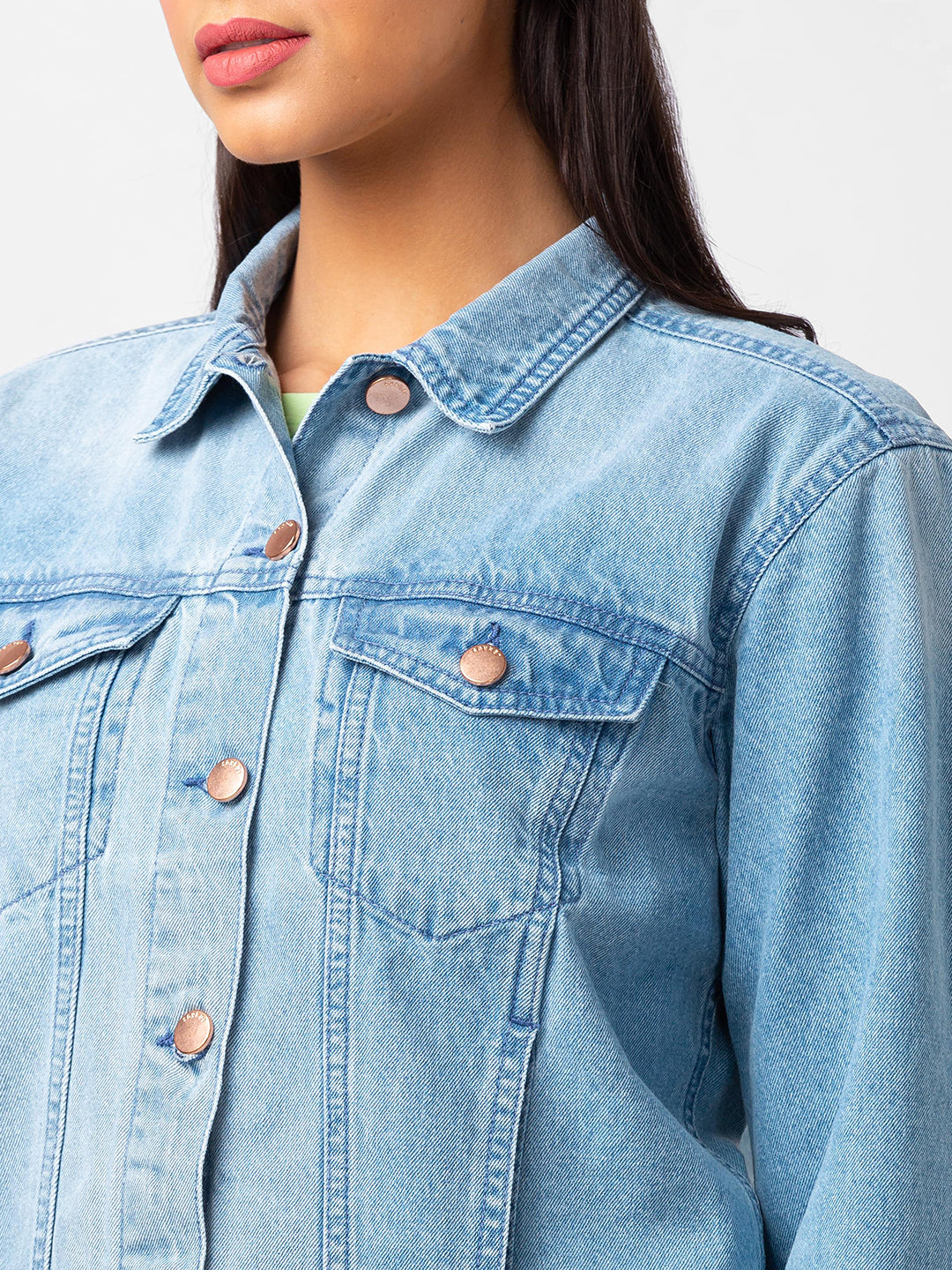 Spykar Mid Blue Cotton Full Sleeve Denim Shirt For Women - wsh02bb001midblue