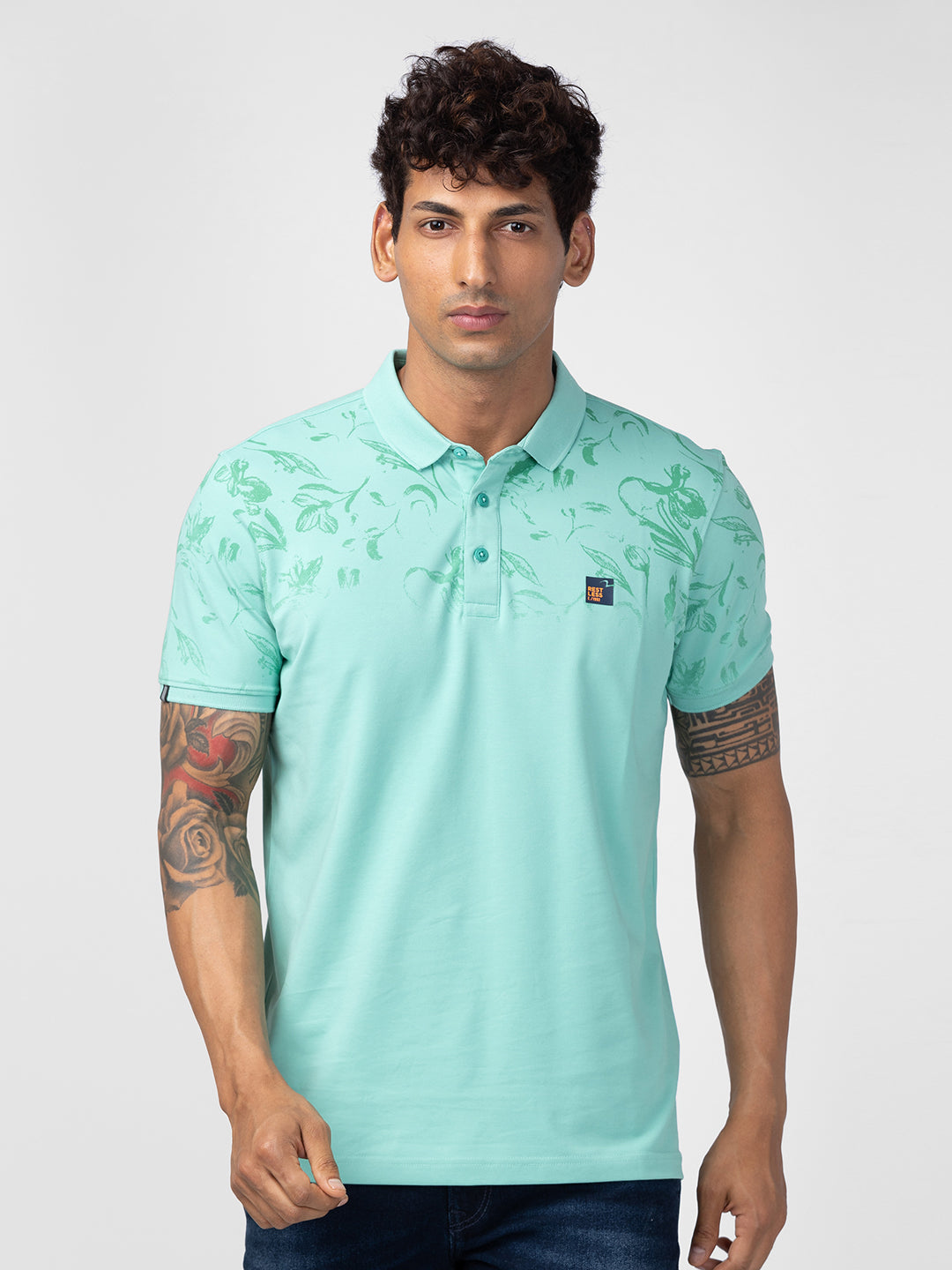 Spykar Men Ice Green Cotton Regular Fit Half Sleeve Printed Polo T-Shirt