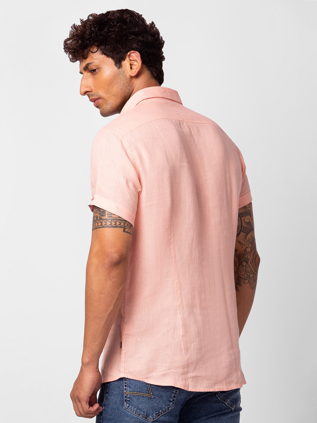 Spykar Men Peach Cotton Slim Fit Plain Shirt