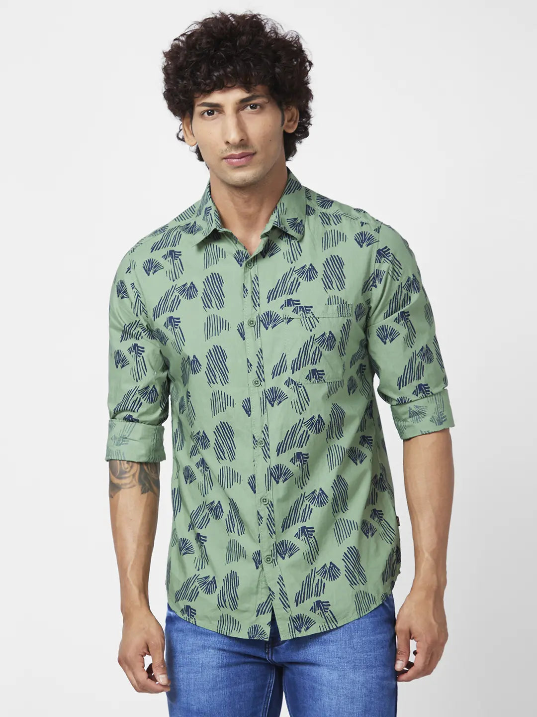 Spykar Men Sage Green Poplin Slim Fit Full Sleeve Causal Printed Shirt