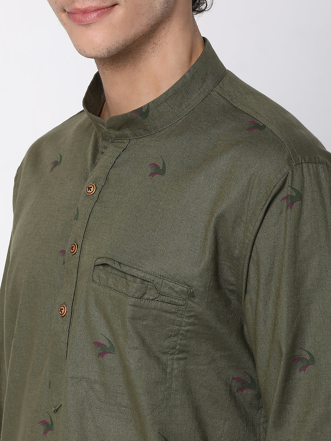 Spykar Men Olive Cotton Linen Full Sleeve Printed Kurta