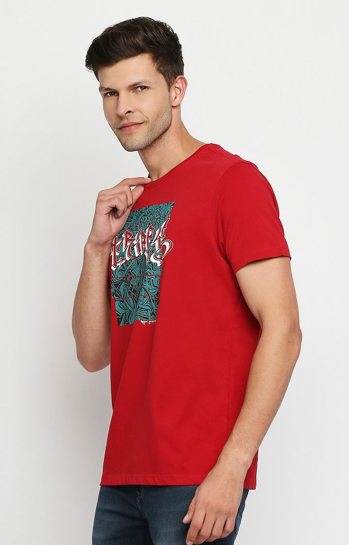 Spykar Men Red Cotton Slim Fit Round Neck T-Shirt