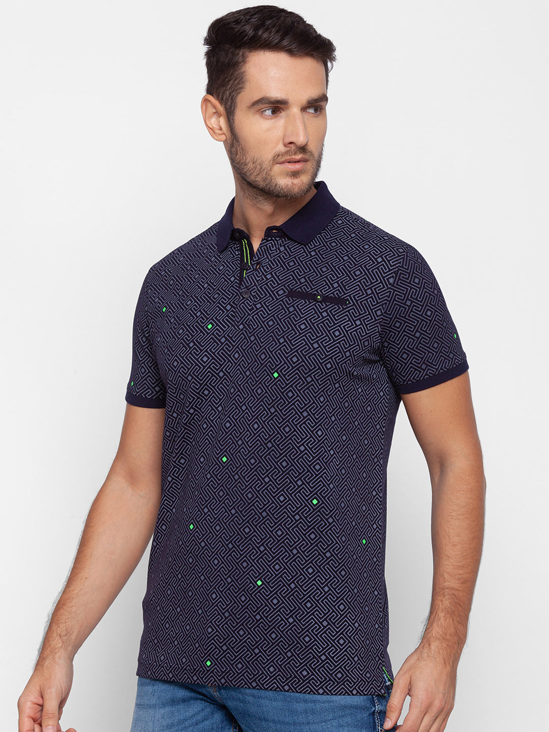 Spykar Men Blue Cotton Slim Fit Polo T-Shirt