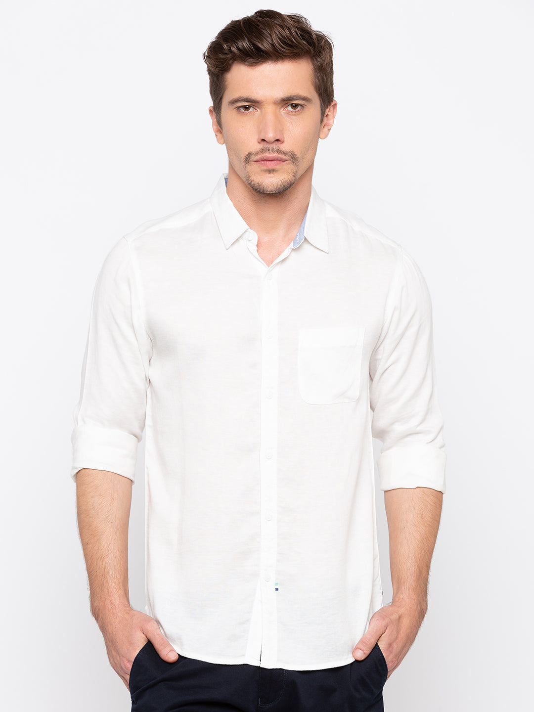 Spykar White Cotton Slim Fit Shirts For Men