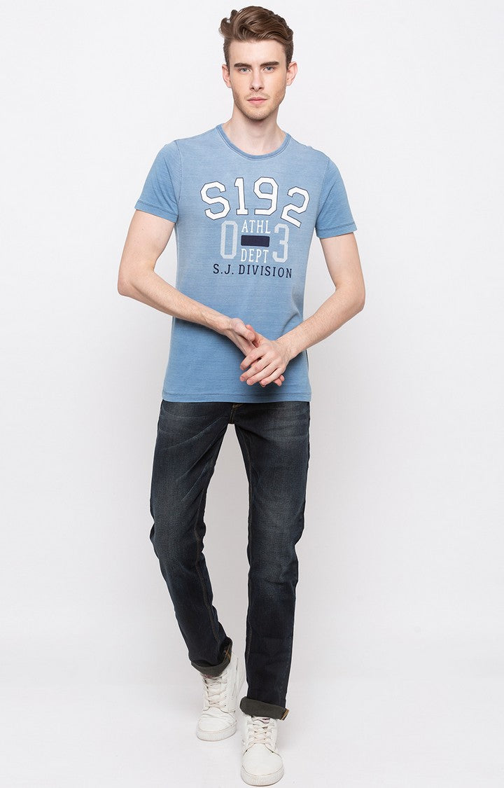 Spykar Light Indigo Printed Slim Fit Men T-Shirts