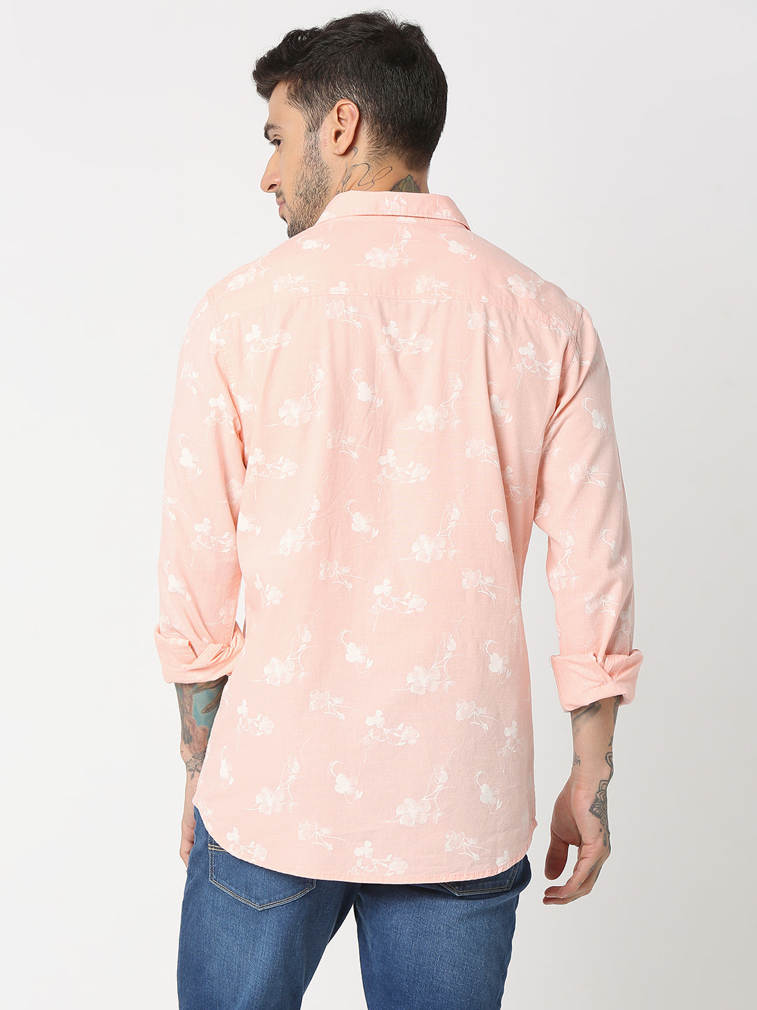 Spykar Men Peach Cotton Slim Fit Printed Shirts