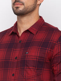 Spykar Deep Red Cotton Full Sleeve Checks Shirt For Men