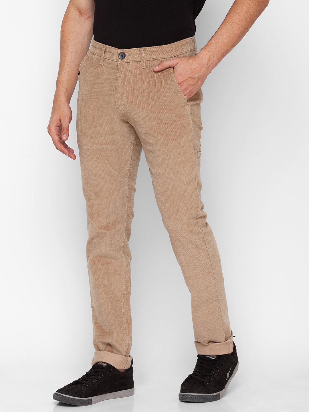 Spykar Beige Cotton Regular Fit Straight Length Trouser For Men