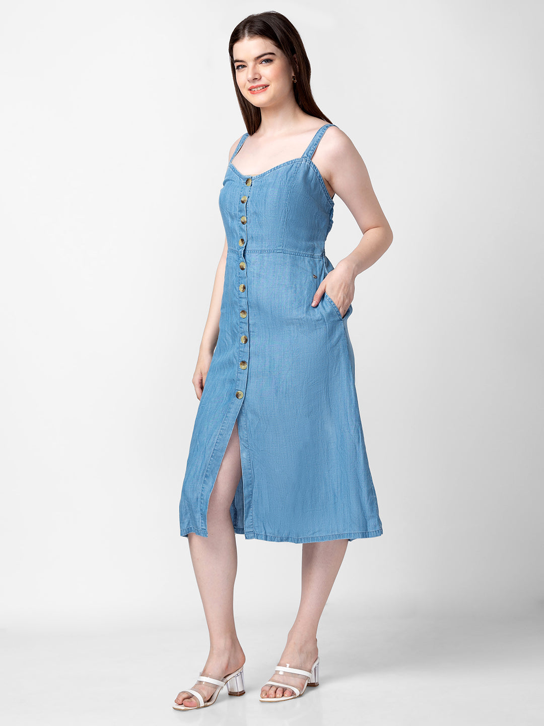 Spykar Women Ice Blue Cotton Sleeveless Knee Length Denim Dress