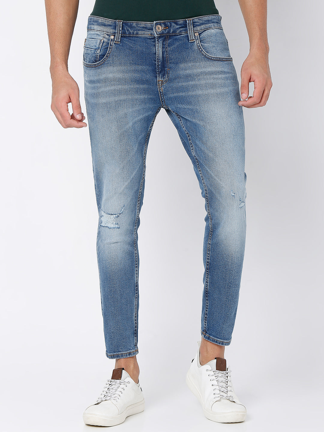 Spykar Mid Blue Cotton Slim Fit Tapered Length Jeans For Men (Kano)