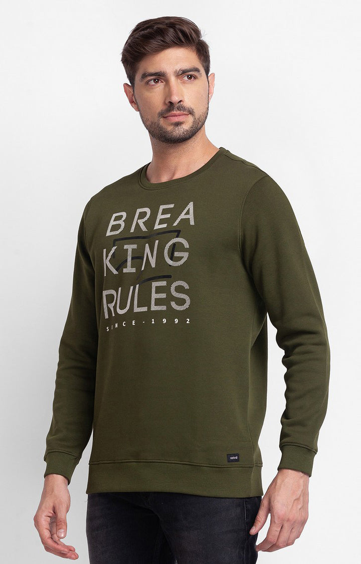 Spykar Rifle Green Cotton Full Sleeve Round Neck Sweatshirt For Men