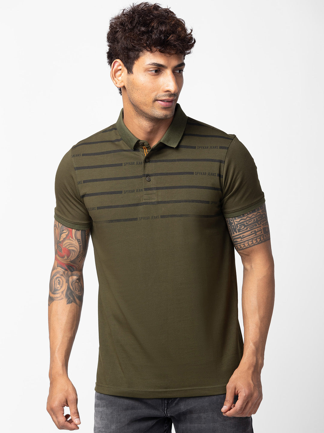 Spykar Men Rifle Green Cotton Regular Fit Half Sleeve Printed Polo T-Shirt