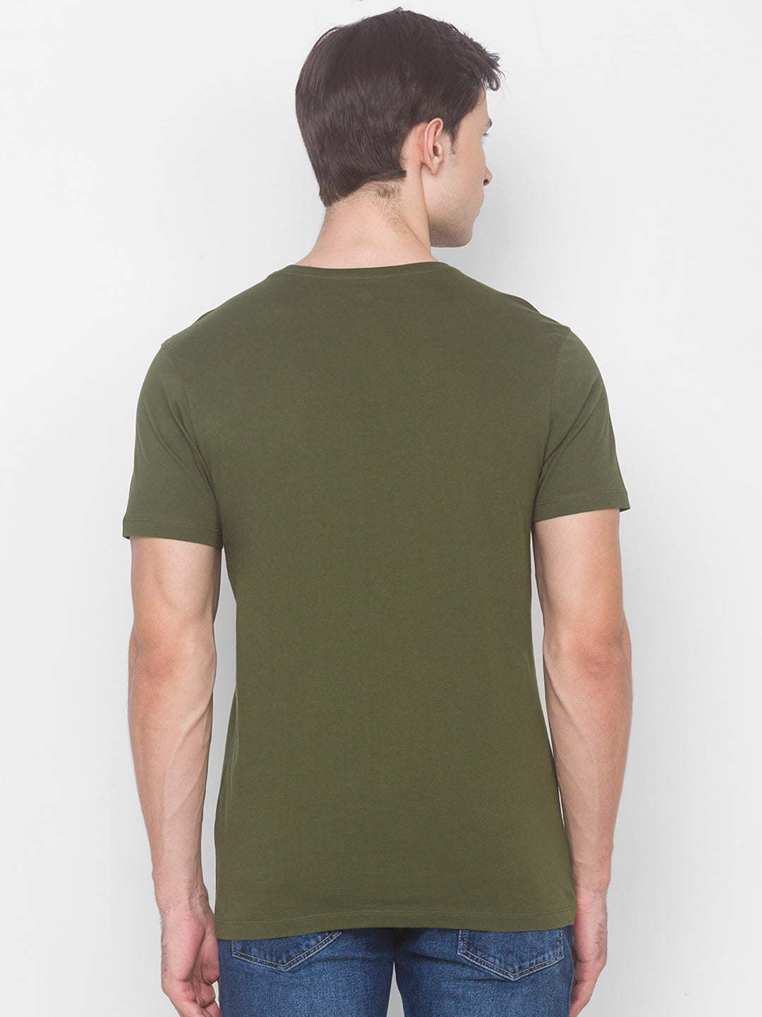 Charlie Chaplin Spykar Men Green Cotton Slim Fit Round Neck T-Shirt