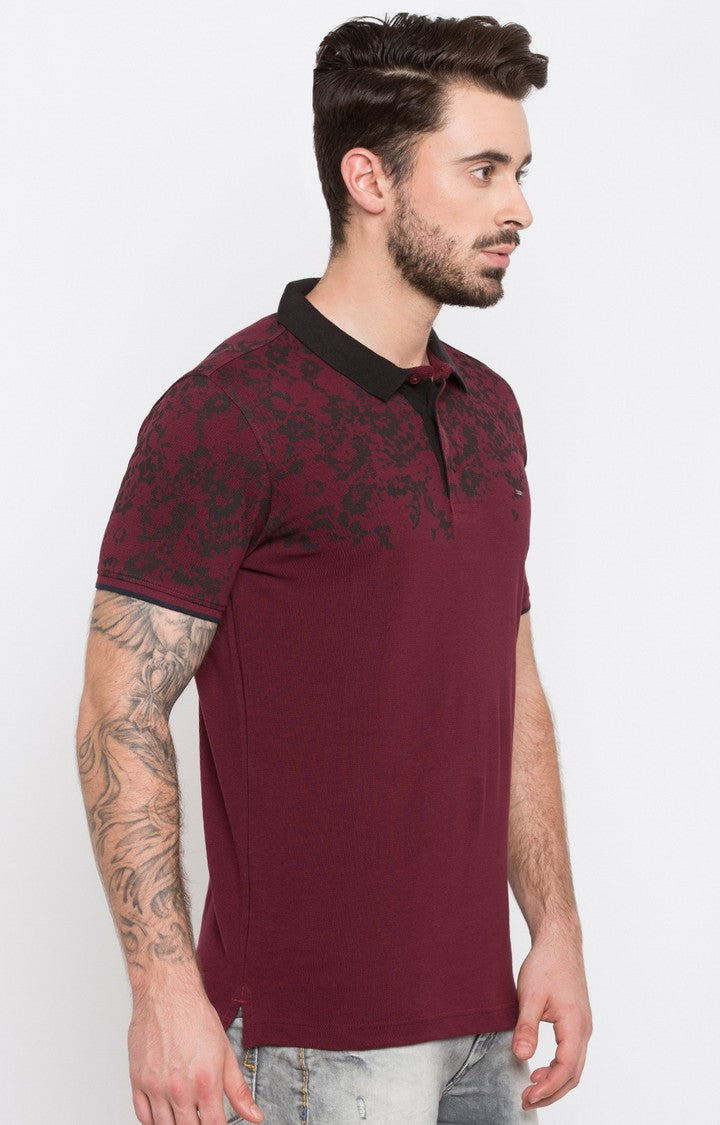 Spykar Wine Printed Slim Fit Polo T-Shirt