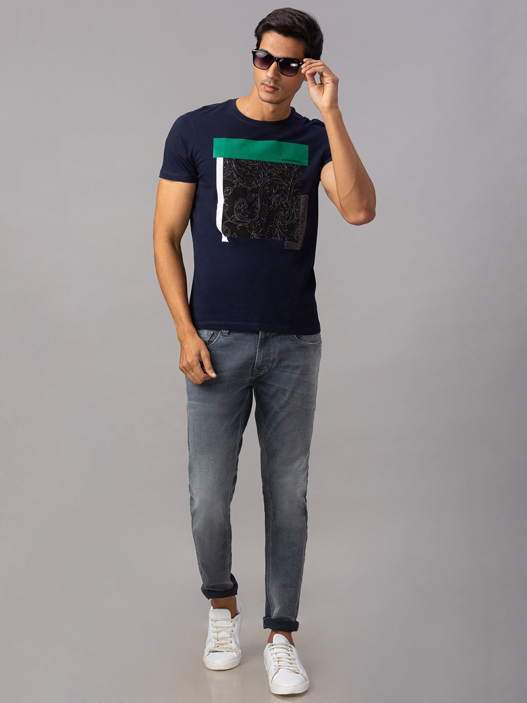 Spykar Men Blue Cotton Slim Fit Round Neck T-Shirt