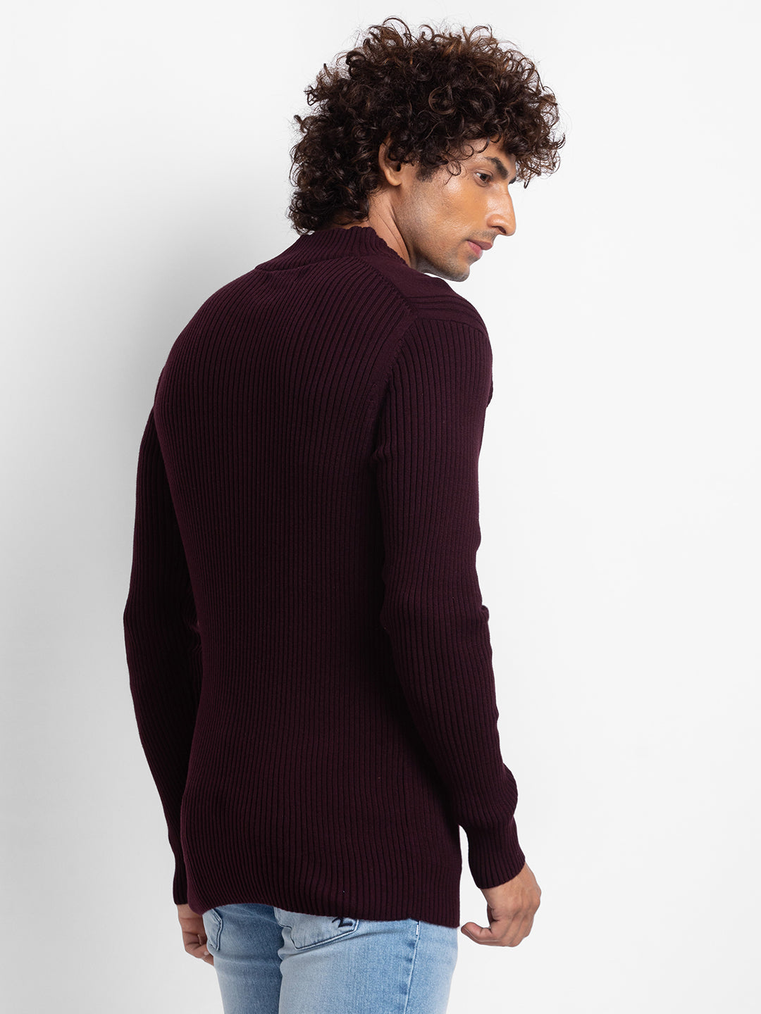Spykar Wine Cotton Full Sleeve Casual Sweater For Men