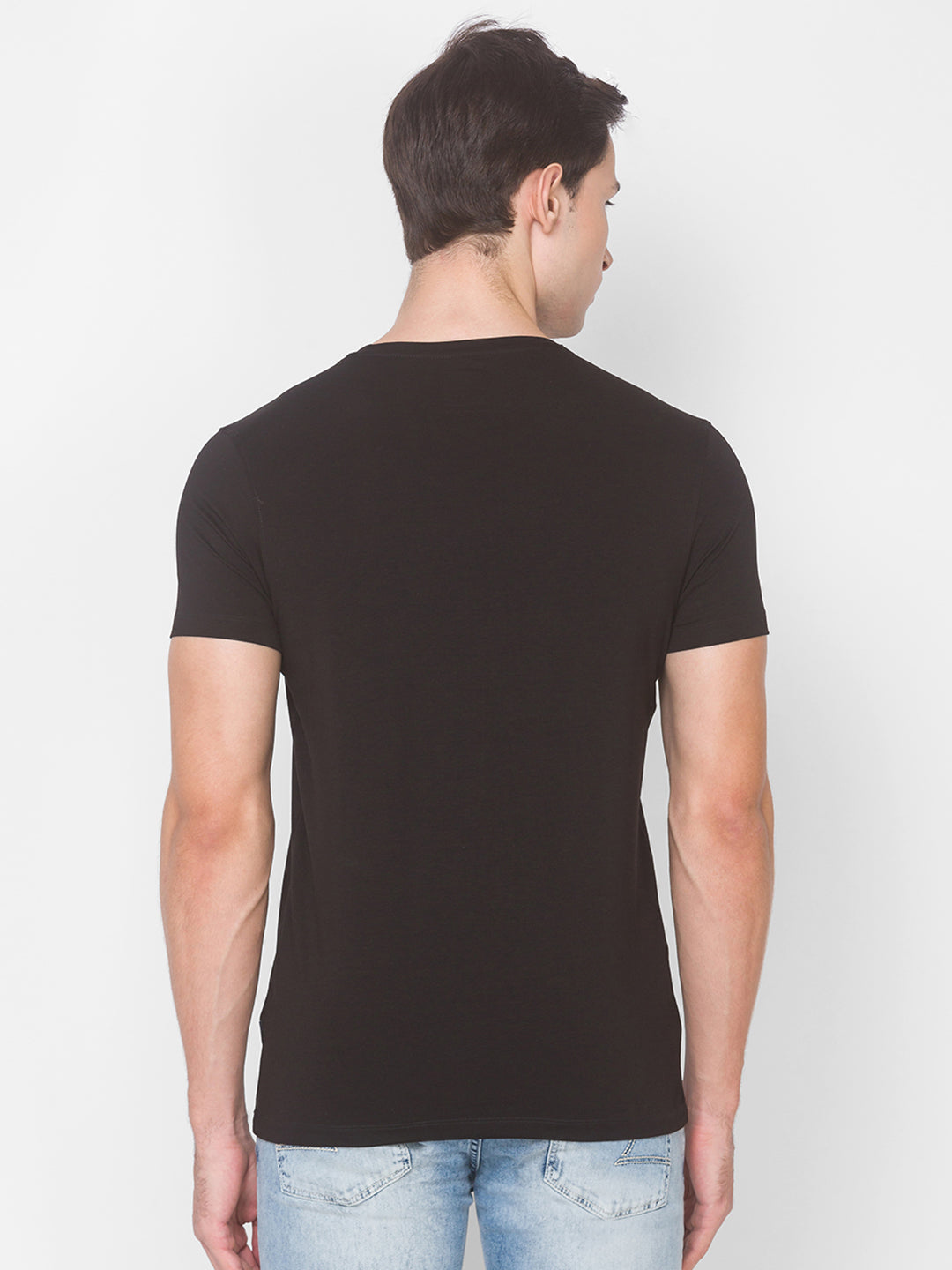 Spykar Men Black Cotton Slim Fit Round Neck T-Shirt