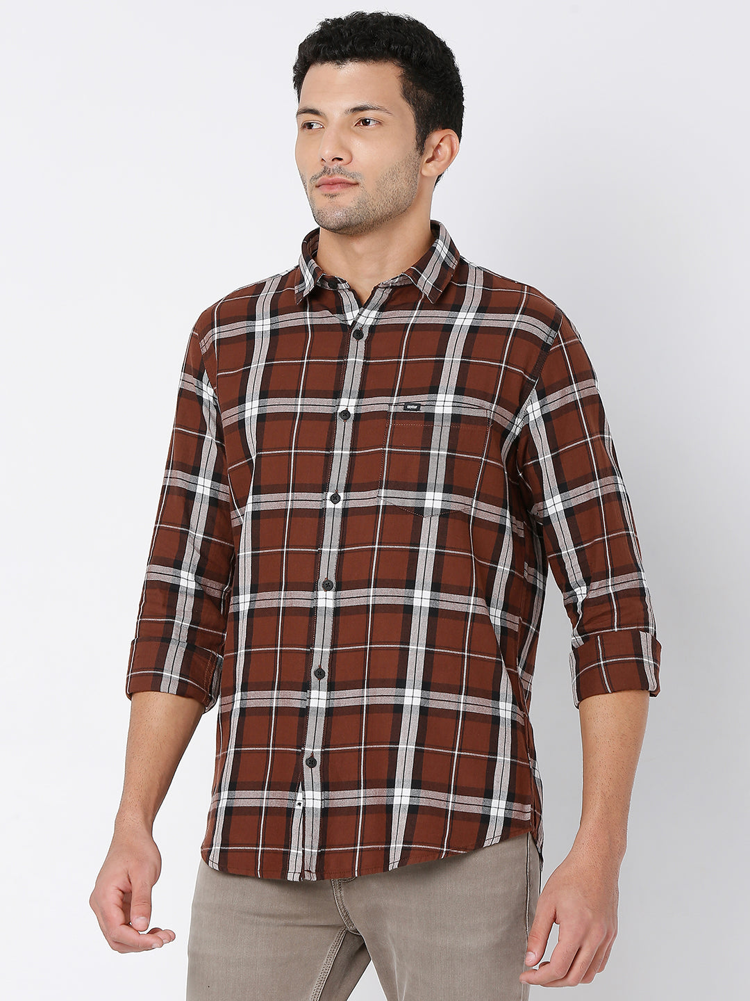 Spykar Men Brown Cotton Slim Fit Checkered Shirt