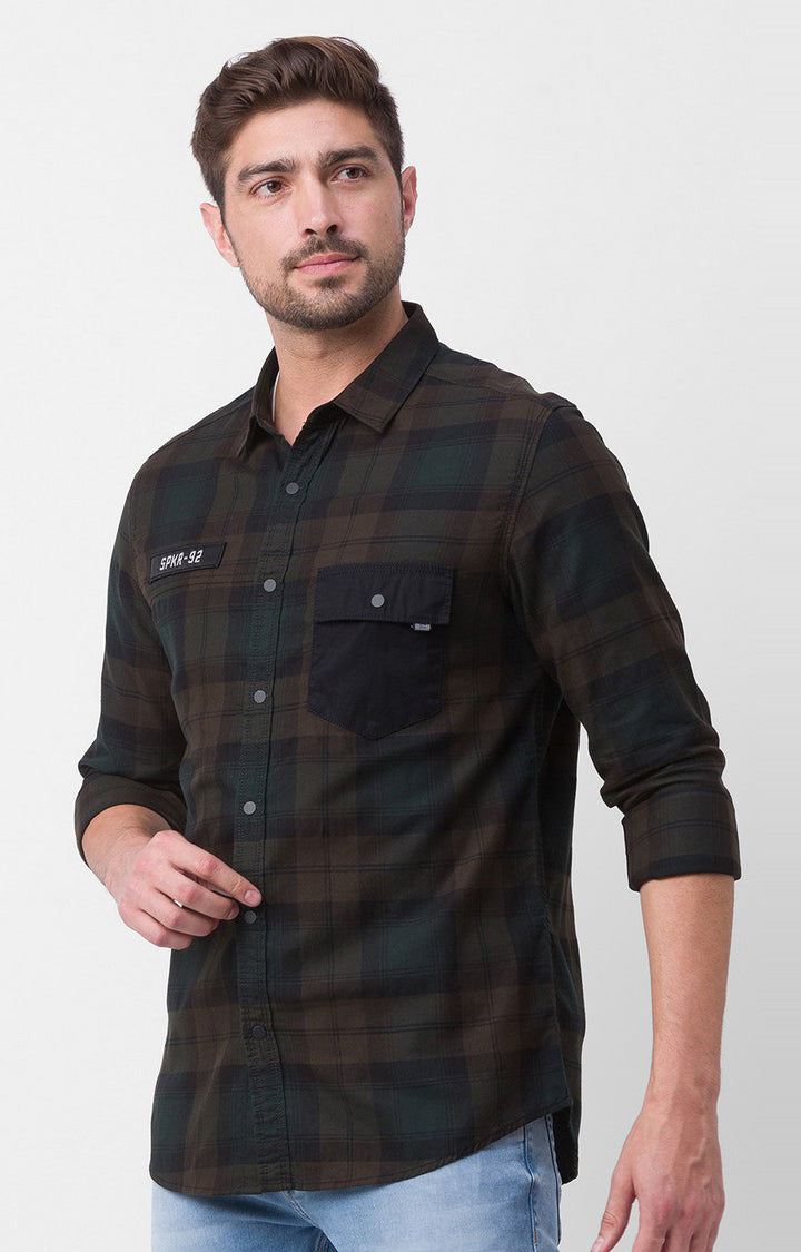 Spykar Brown Cotton Full Sleeve Checks Shirt For Men