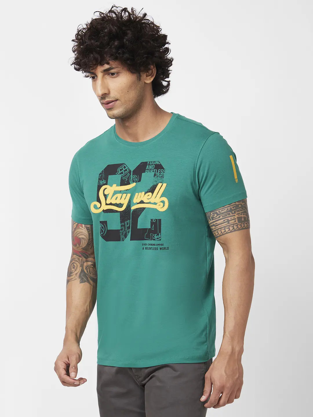 Spykar Men Dark Green Blended Slim Fit Half Sleeve Round Neck Printed Tshirt
