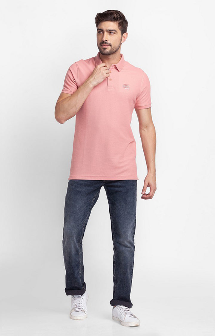 Spykar Peach Pink Cotton Half Sleeve Plain Casual Polo T-Shirt For Men