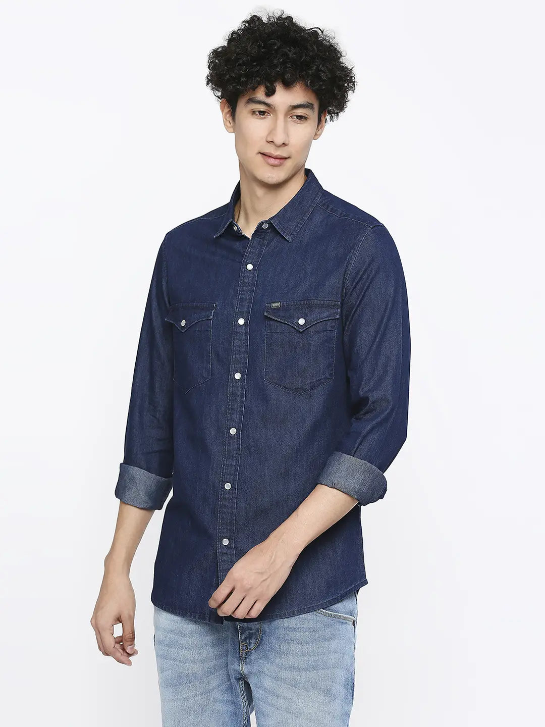 Spykar Men Mid Blue Cotton Slim Fit Denim Shirt