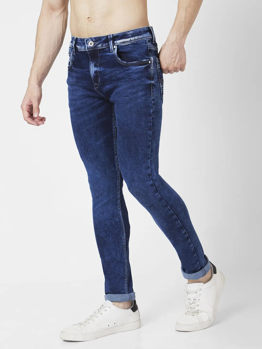 Spykar Men Dark Blue Cotton Slim Fit Narrow Length Clean Look Low Rise Jeans (Skinny)