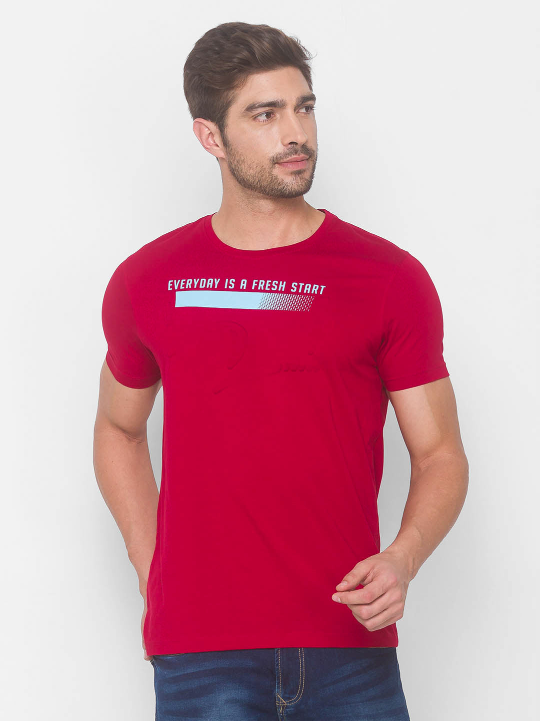 Spykar Men Red Cotton Slim Fit Round Neck T-Shirt