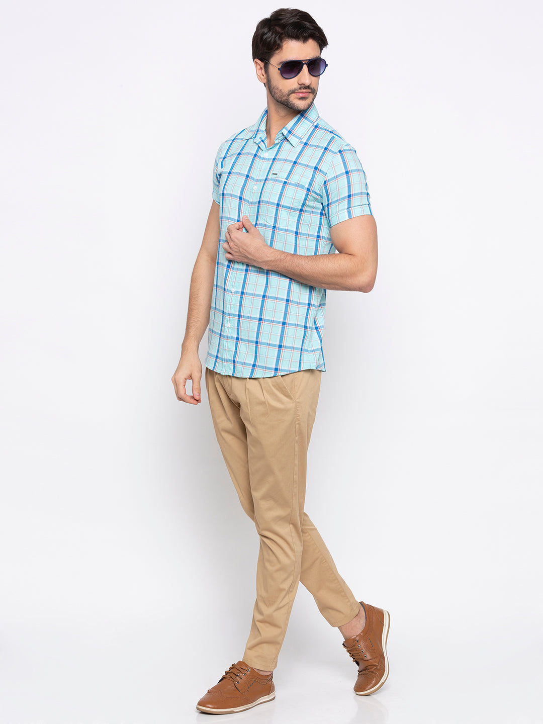 Spykar Men Aqua Checked Slim Fit Casual Shirt