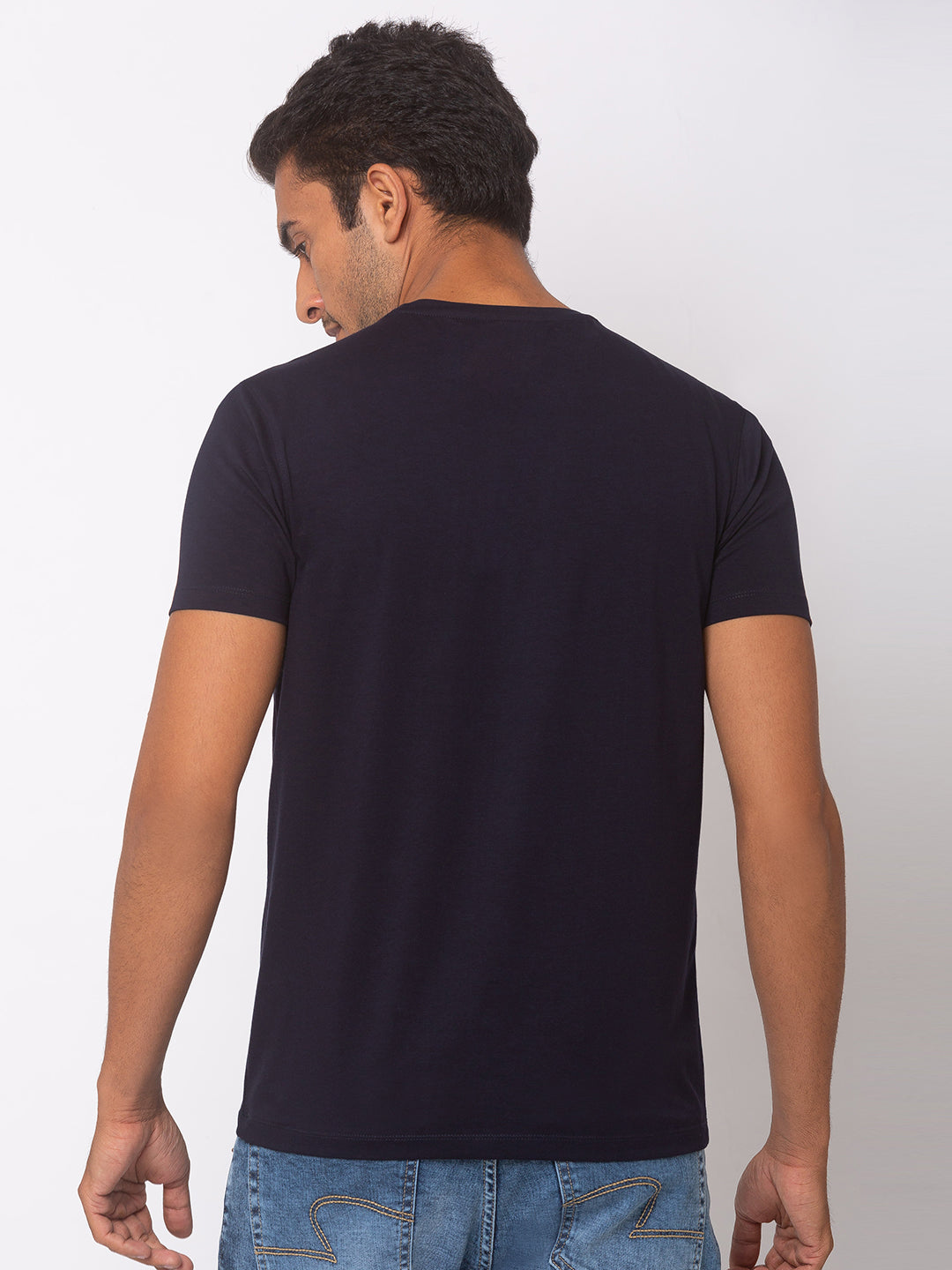 Spykar Men Blue Cotton Slim Fit Round Neck T-Shirt