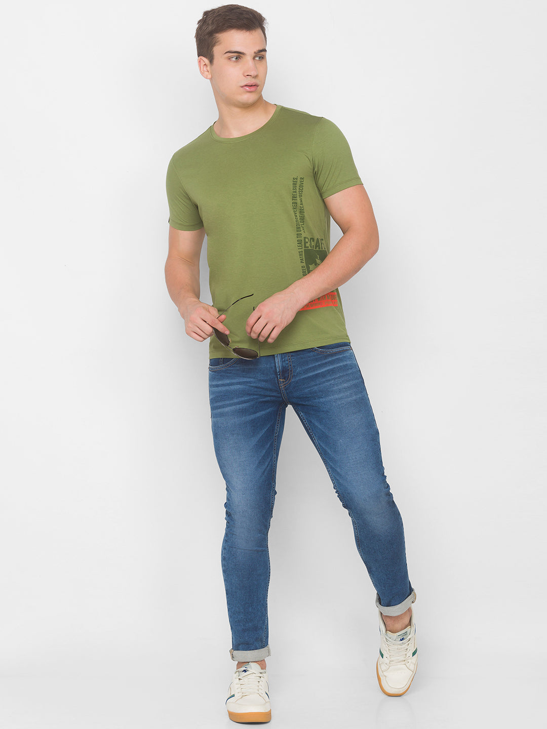 Spykar Men Green Cotton Slim Fit Round Neck T-Shirt