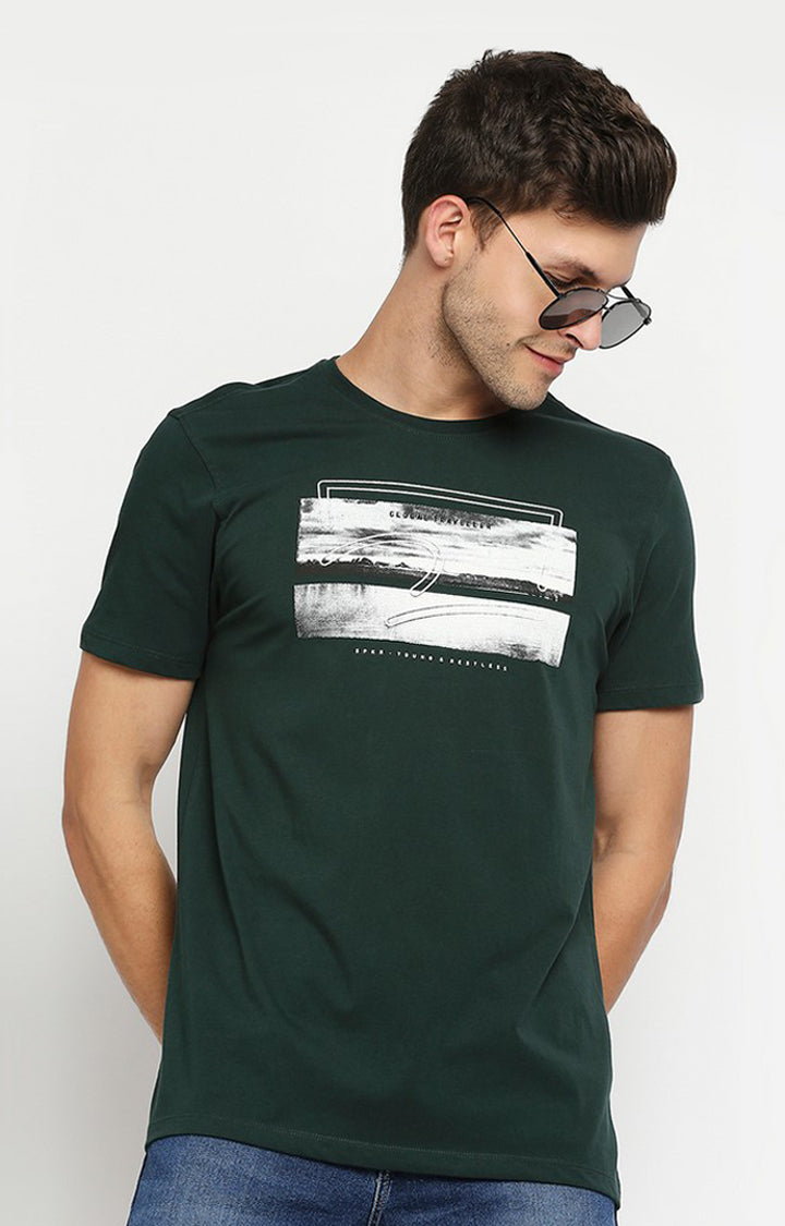 Spykar Men Green Cotton Slim Fit Round Neck T-Shirt