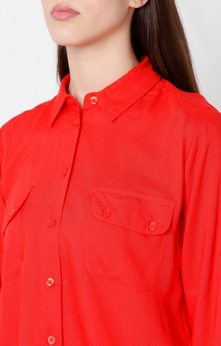 Spykar Regular Fit Red Cotton Women Shirts