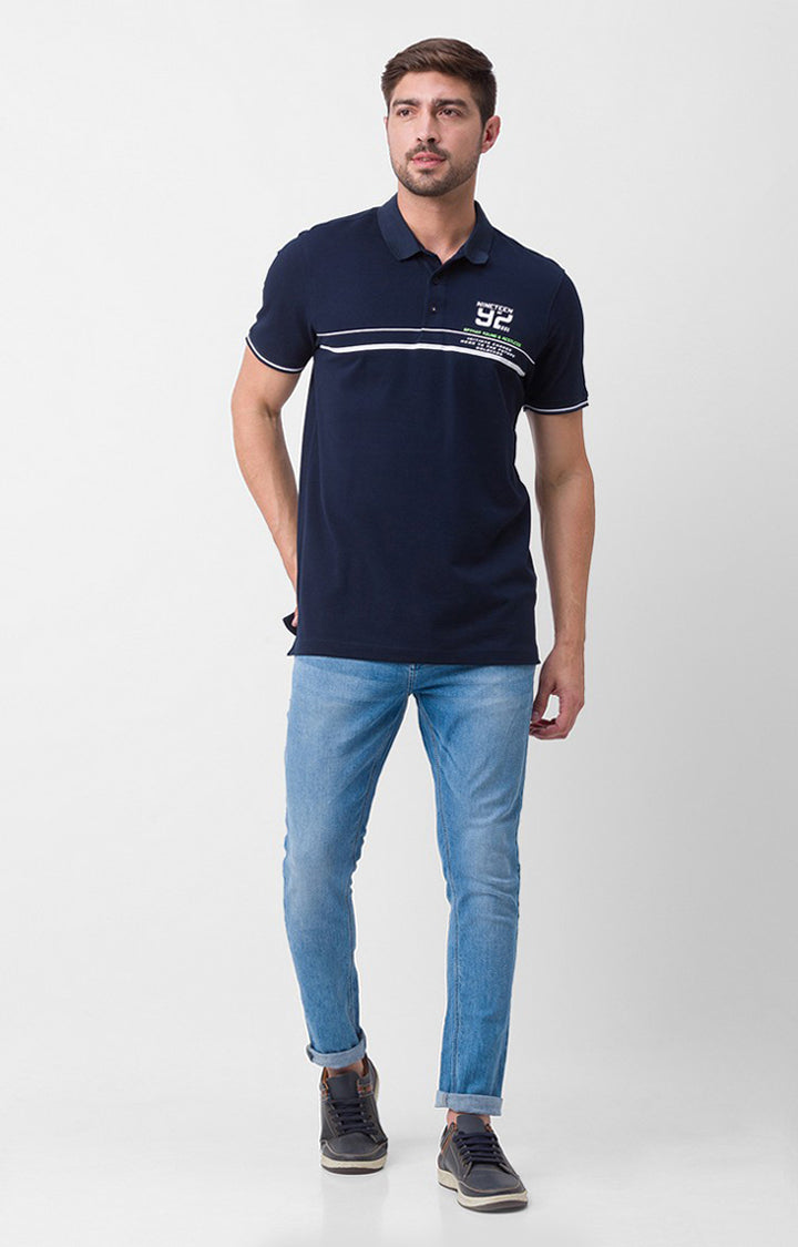 Spykar Navy Blue Cotton Half Sleeve Printed Casual Polo T-Shirt For Men