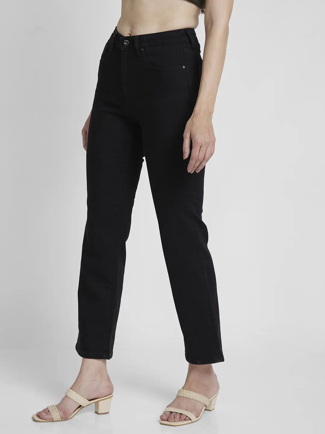 Spykar Women Raw Black Lycra Slim Straight Fit Ankle Length Clean Look Jeans -(Emma)
