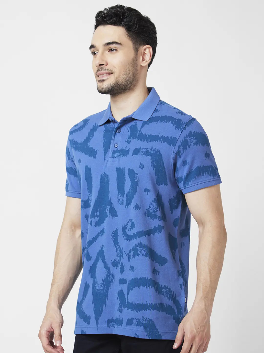 Spykar Men Haze Blue Cotton Slim Fit Half Sleeve Polo Neck Printed Tshirt