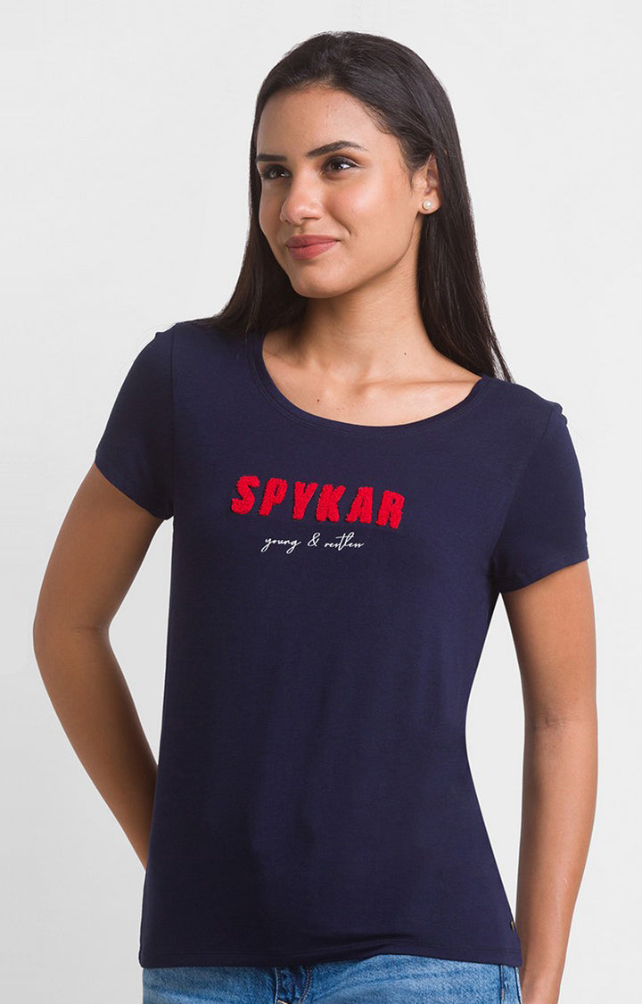 Spykar Navy Blue Blend Half Sleeve Printed Casual T-Shirts For Women